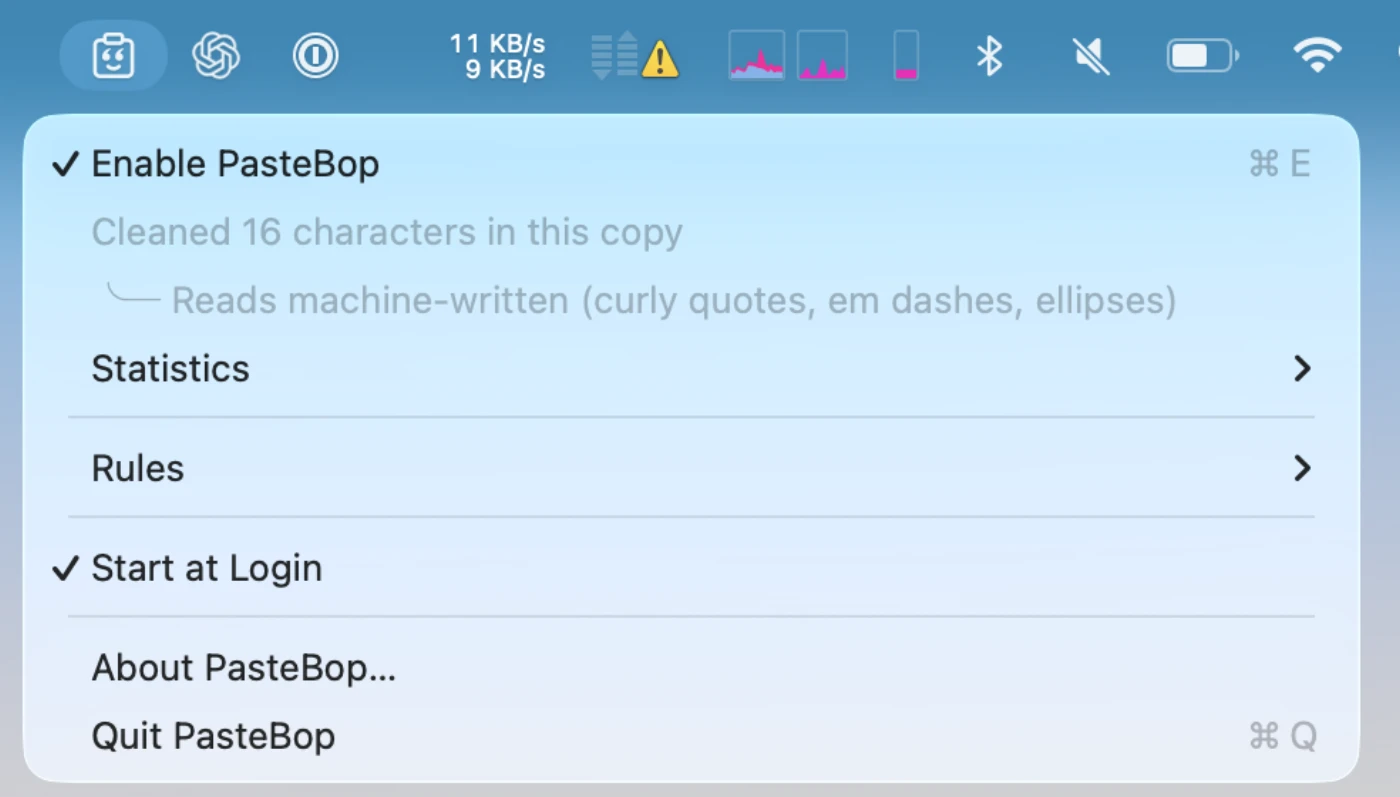 The PasteBop menu