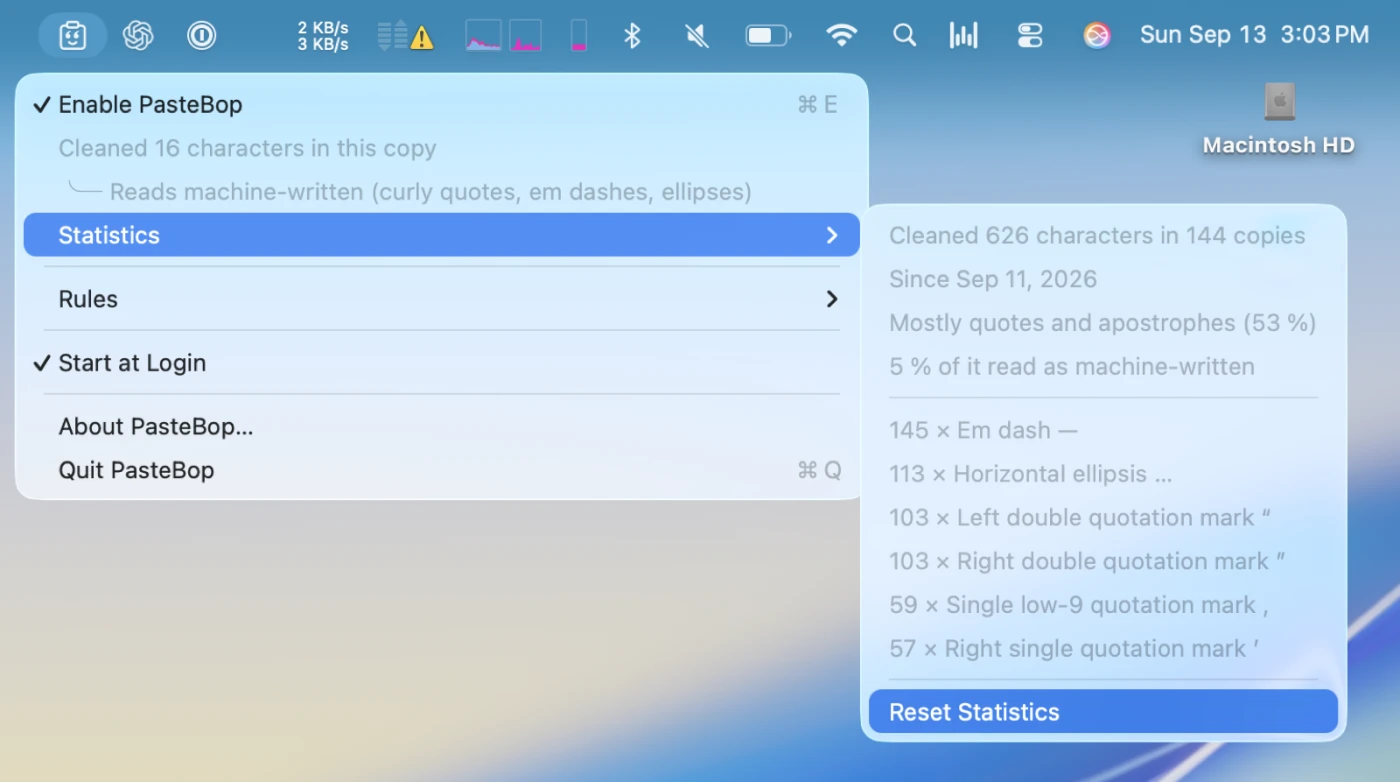 The statistics submenu